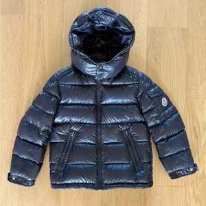 Moncler New Maya Down Jacket in classic navy blue, boys size 8.